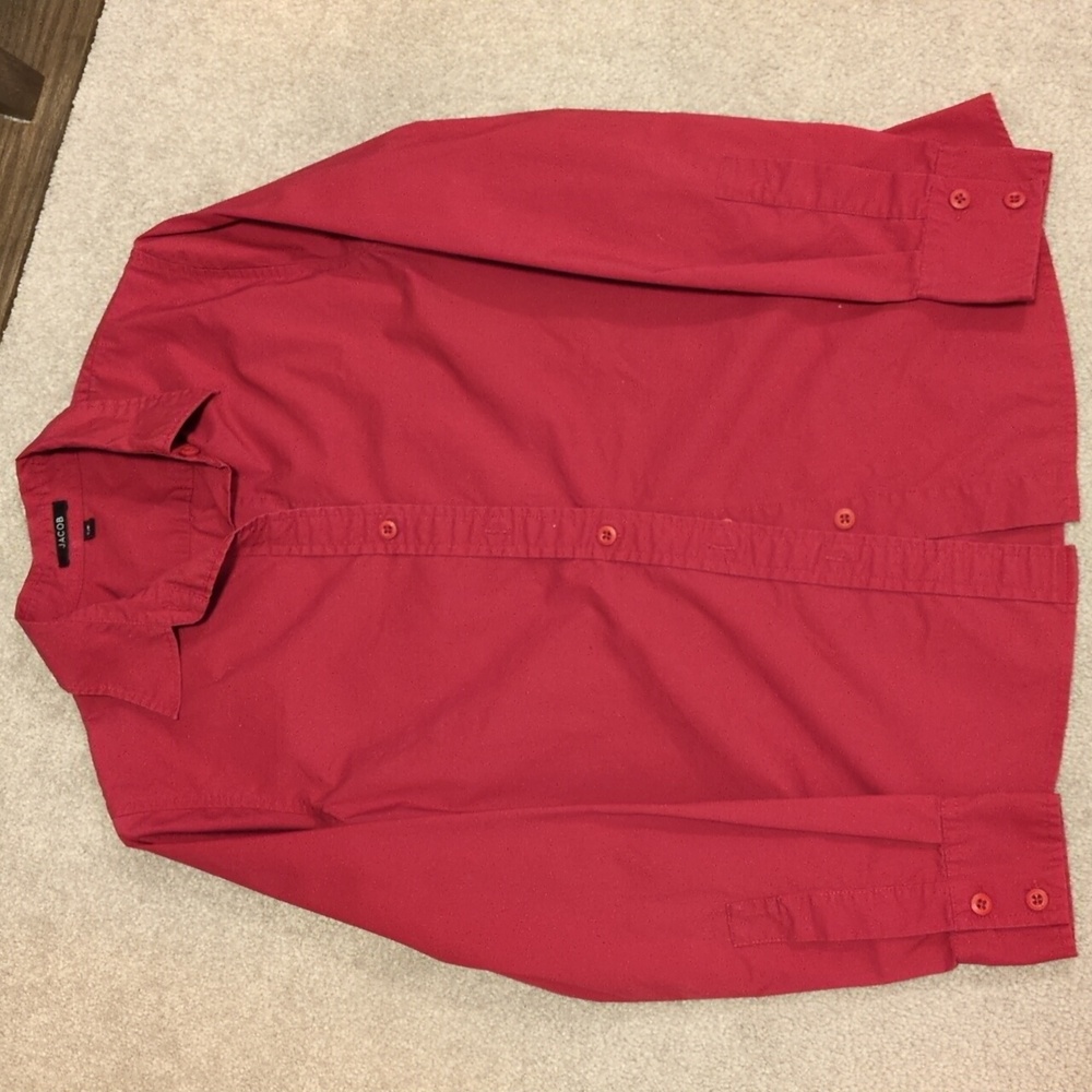 Red long-sleeved button down shirt, size women's small